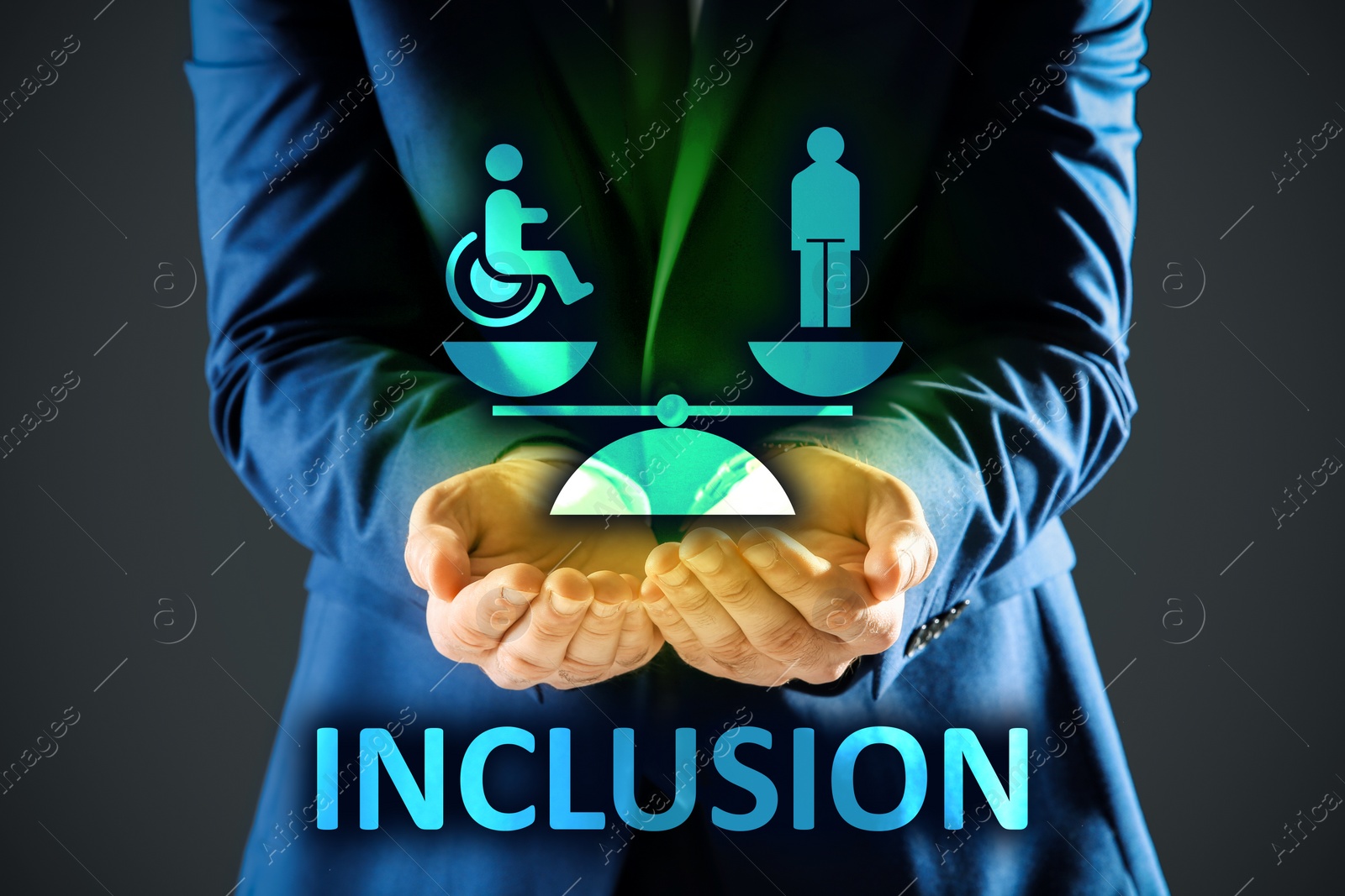 Image of Concept of DEI - Diversity, Equality, Inclusion. Businessman showing virtual image of people, one with disability and scales on grey background, closeup