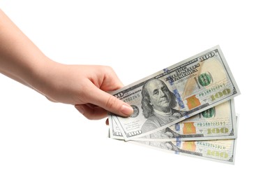 Photo of Money exchange. Woman holding dollar banknotes on white background, closeup