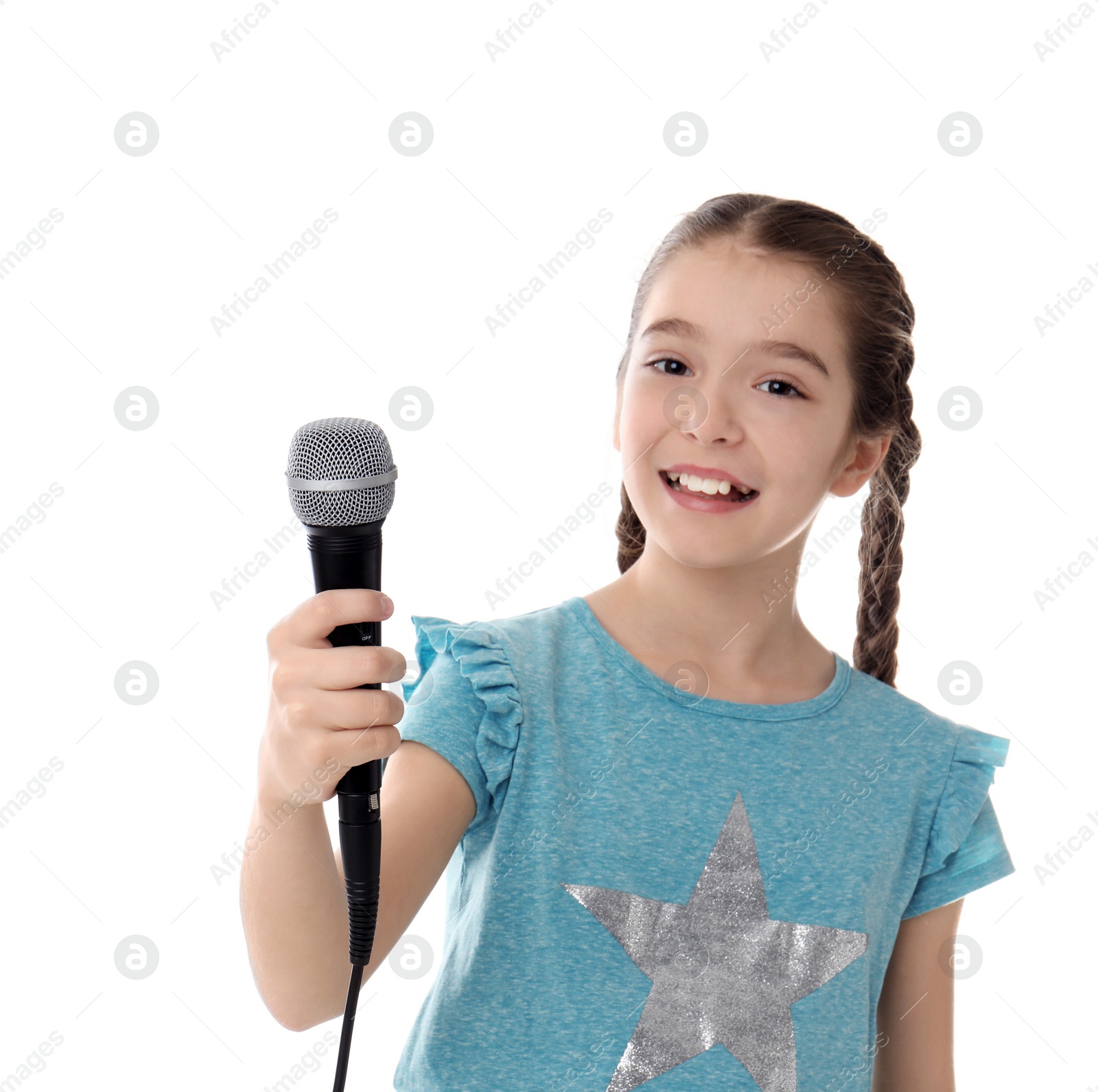 Photo of Cute girl with microphone on white background