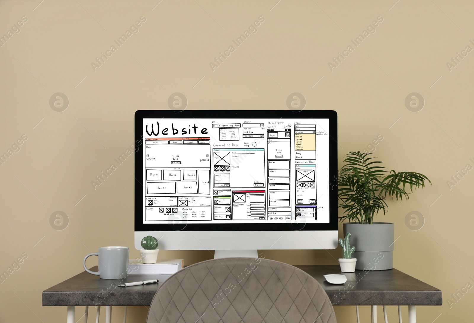 Image of Computer with sketch of website planning and design on grey table