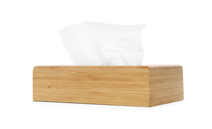 Photo of Wooden holder with paper tissues isolated on white