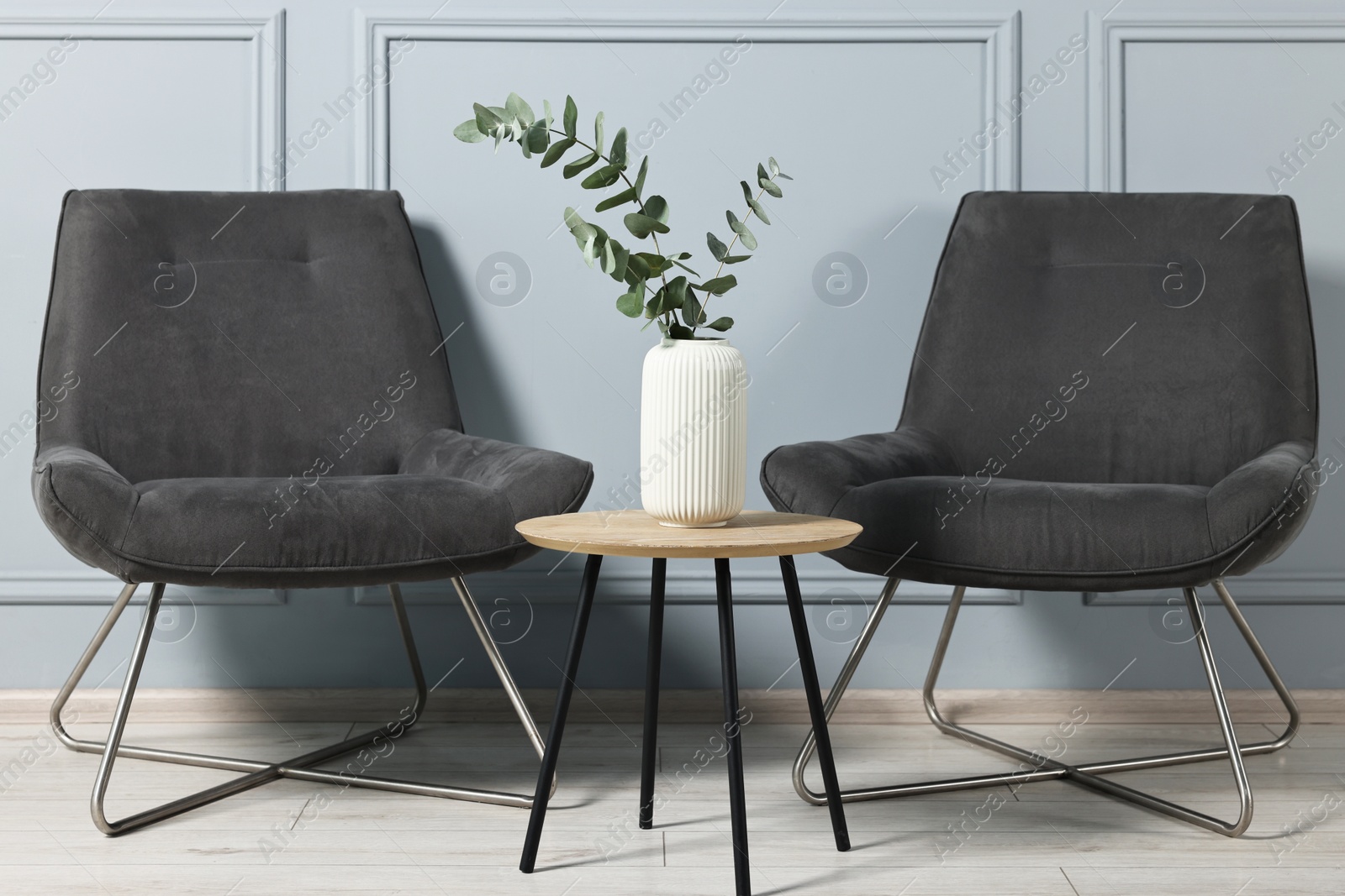 Photo of Comfortable armchairs, side table and eucalyptus indoors