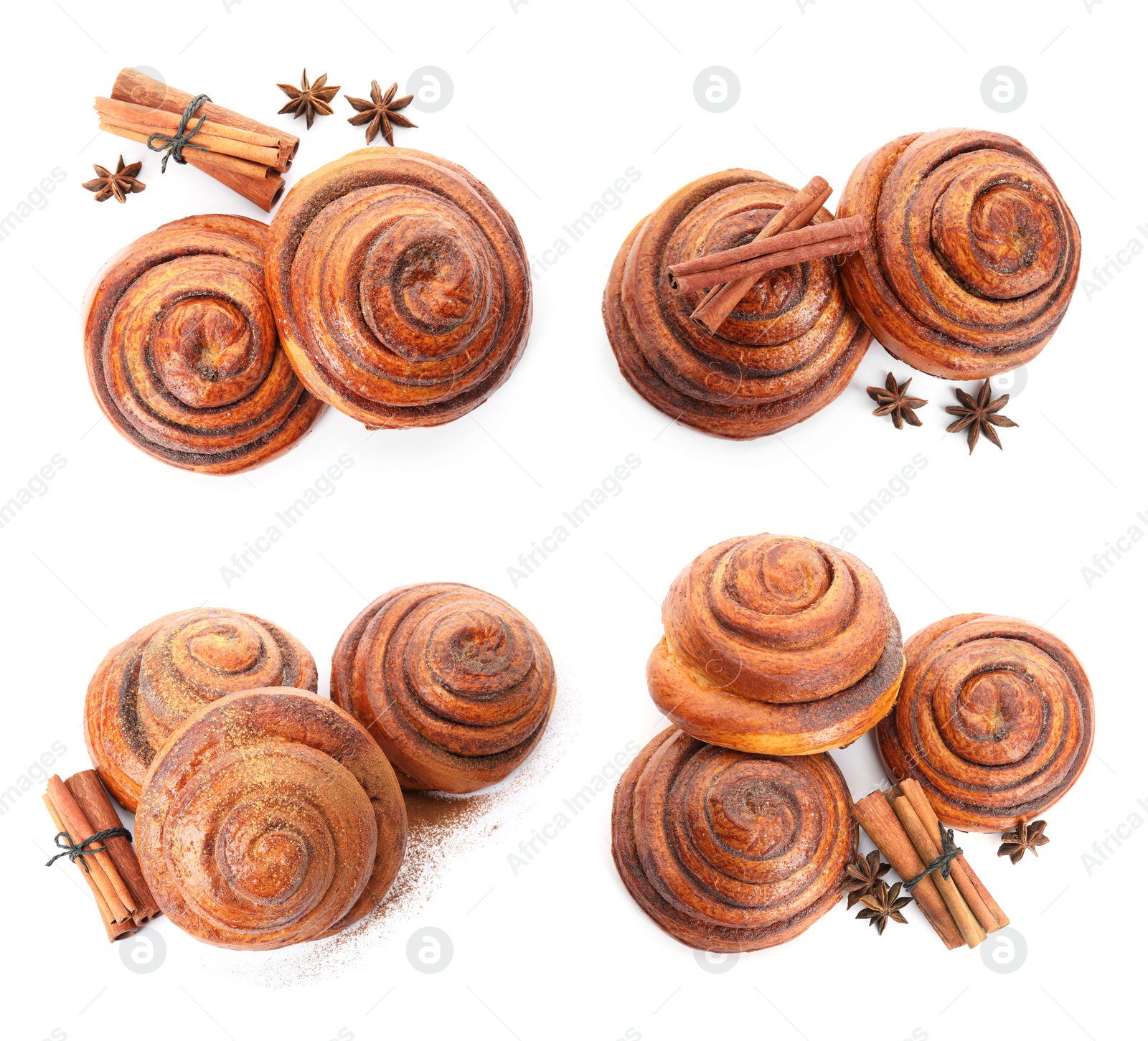 Image of Set with freshly baked cinnamon rolls on white background, top view