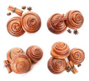 Set with freshly baked cinnamon rolls on white background, top view