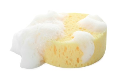 Photo of Yellow sponge with foam isolated on white