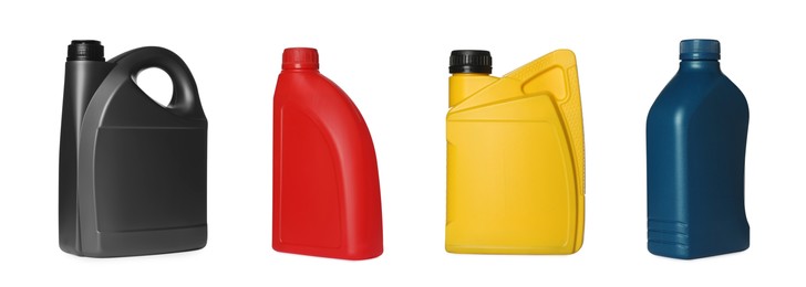 Colorful containers with different motor oil on white background, collage design