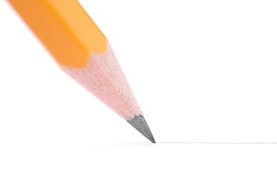 Photo of Drawing line with sharp graphite pencil on white background. Macro photo