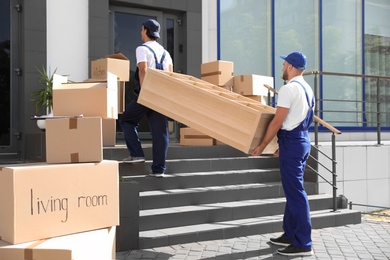 Photo of Male movers carrying shelving unit into new house