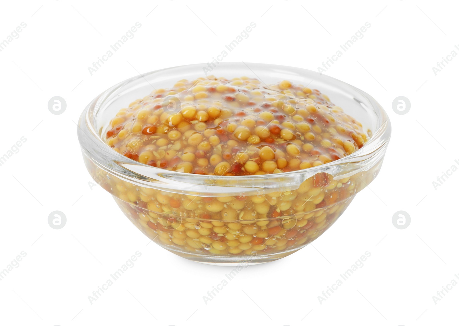 Photo of Fresh whole grain mustard in bowl isolated on white