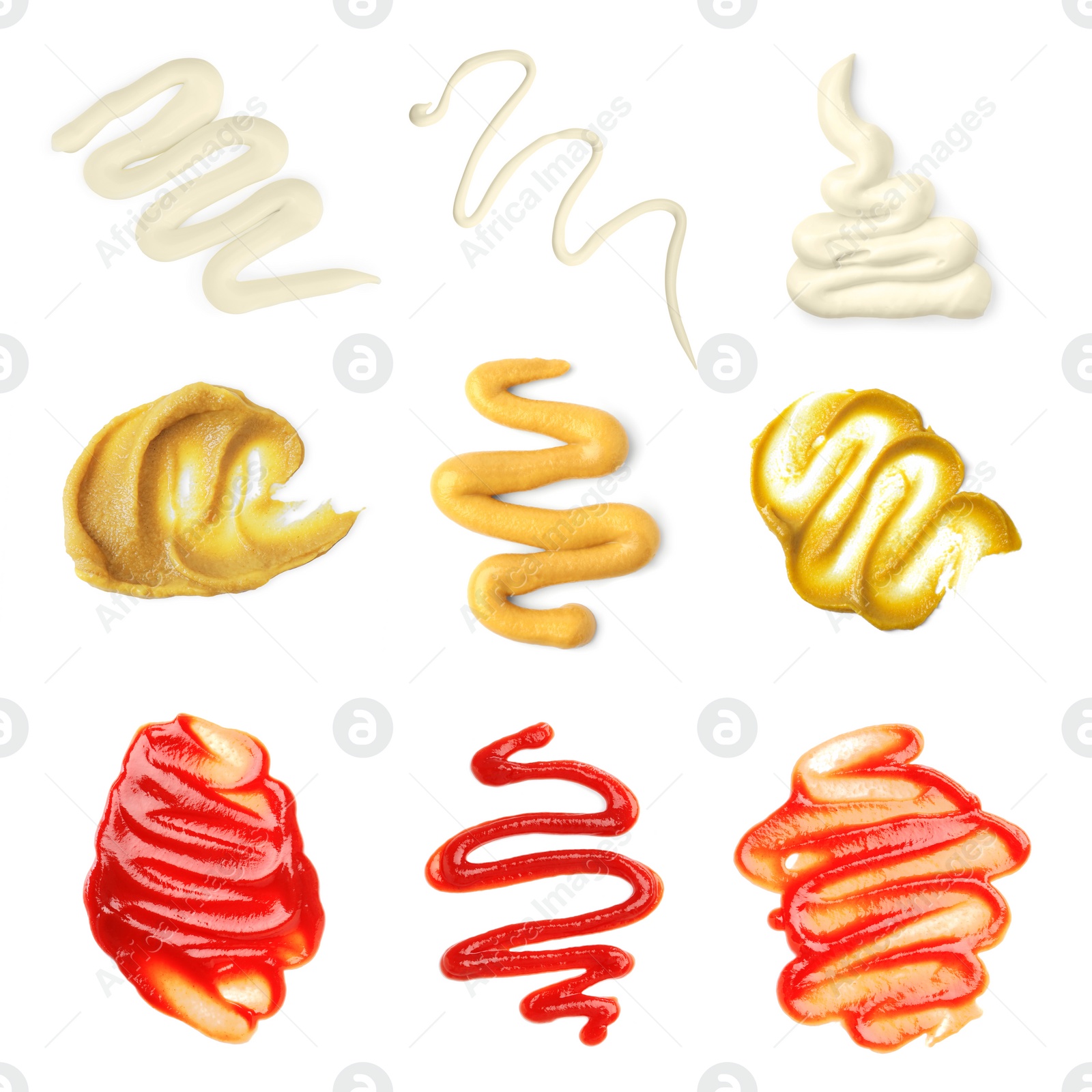 Image of Set of different sauces isolated on white, top view