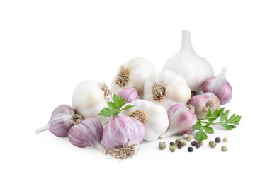 Photo of Fresh garlic heads and spices isolated on white