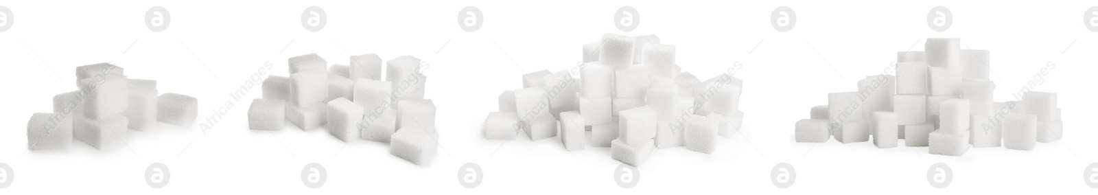 Image of Set with cubes of sugar on white background. Banner design