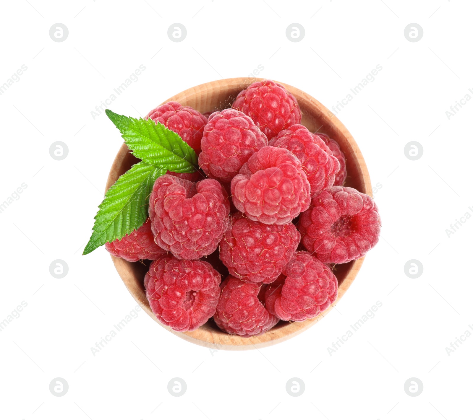 Photo of Fresh ripe raspberries in bowl isolated on white, top view