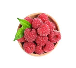 Photo of Fresh ripe raspberries in bowl isolated on white, top view