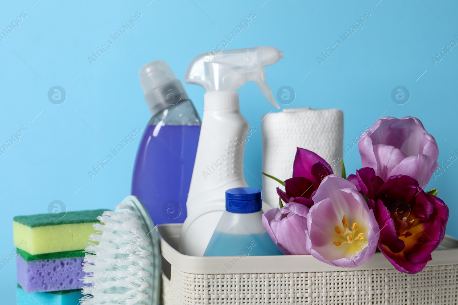 Photo of Spring cleaning. Basket with detergents, flowers and tools on light blue background, closeup