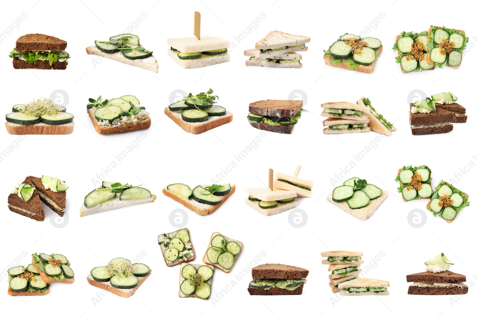 Image of Collage with tasty cucumber sandwiches on white background