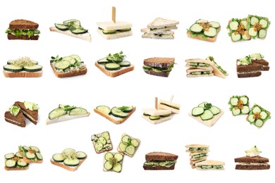 Collage with tasty cucumber sandwiches on white background