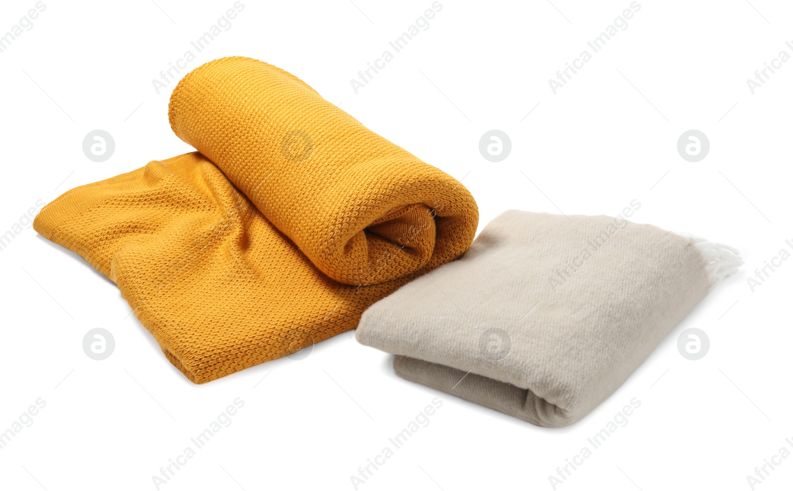 Photo of Two soft warm blankets isolated on white