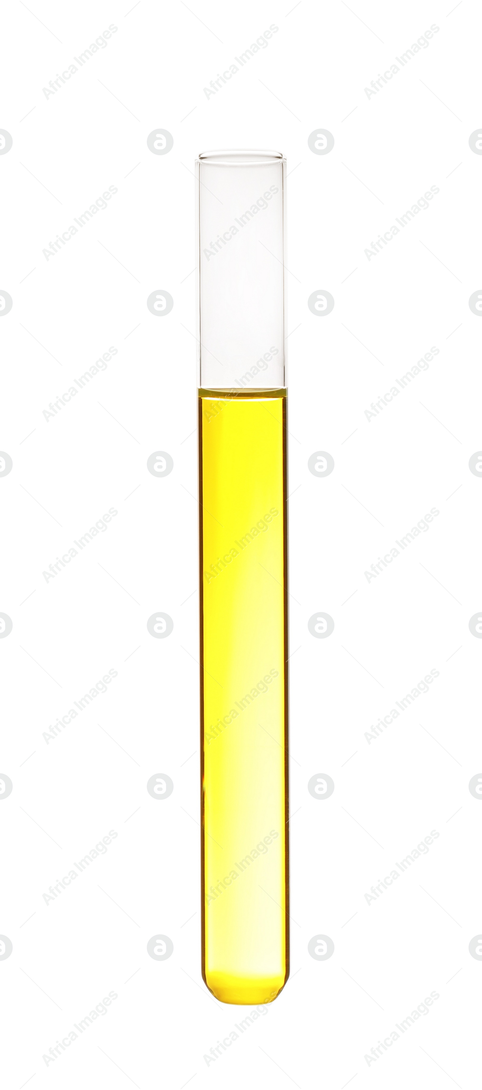 Photo of Test tube with color liquid on white background. Solution chemistry