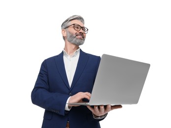 Photo of Mature businessman in stylish clothes with laptop on white background, low angle view