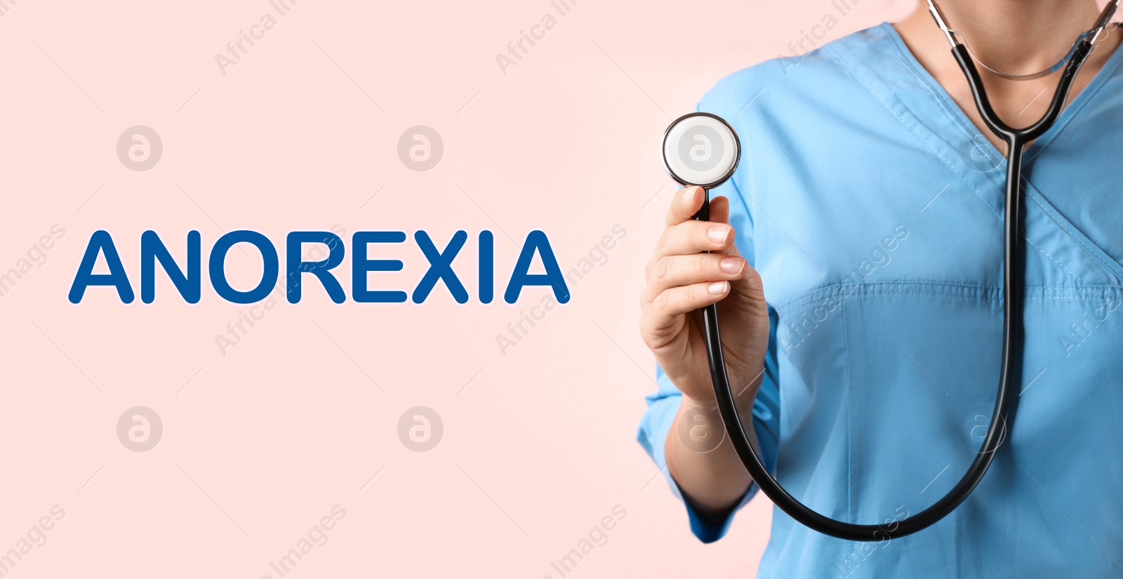 Image of Anorexia concept. Doctor with stethoscope on pink background, closeup