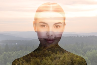 Image of Double exposure of beautiful woman and forest in mountains