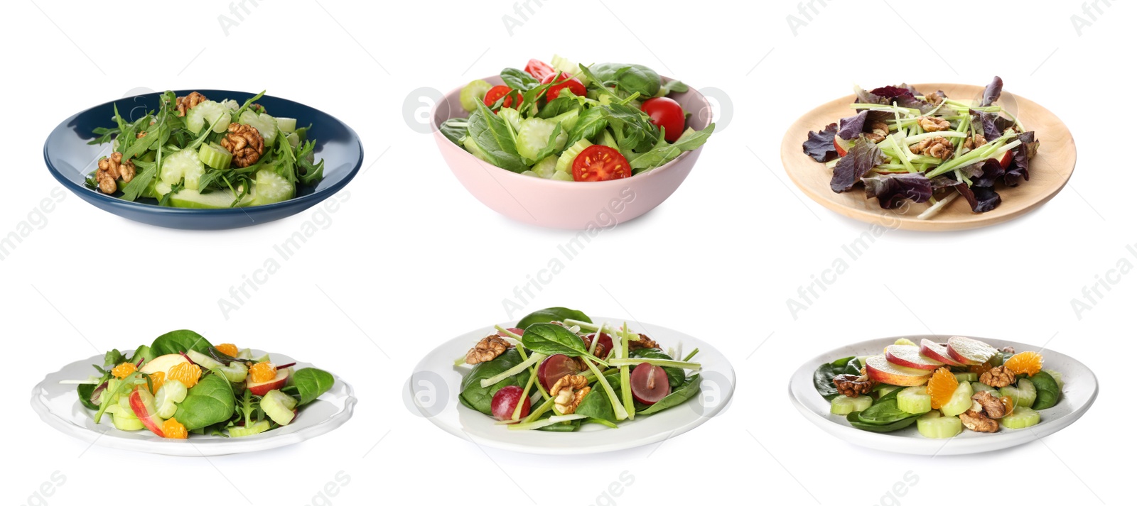 Image of Set with different delicious celery salads on white background, banner design