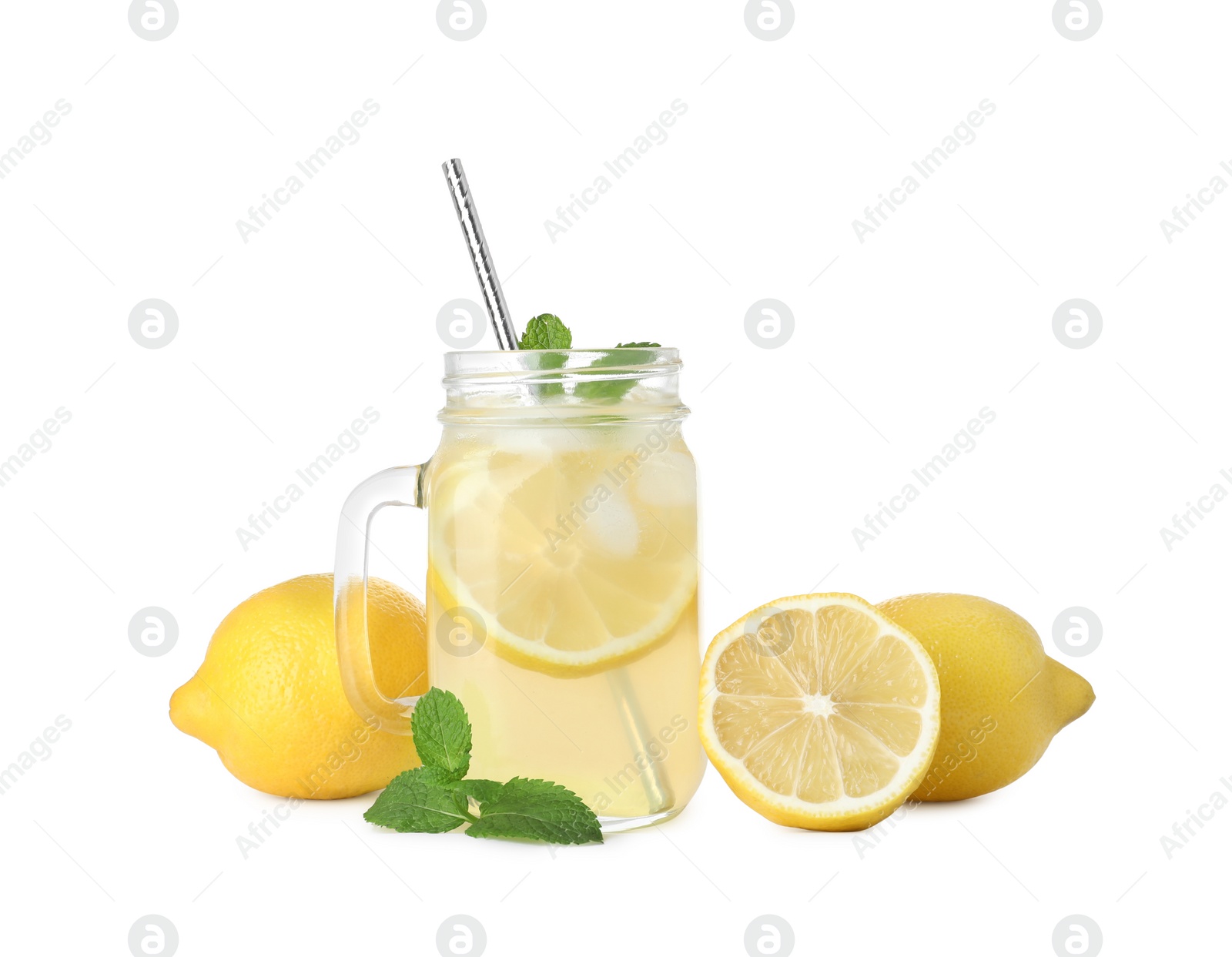 Photo of Natural lemonade with mint and fresh fruits on white background. Summer refreshing drink