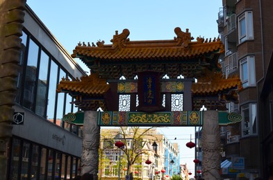 Hague, Netherlands - May 2, 2022: Beautiful gates in Chinatown district