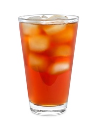 Photo of Glass of tasty iced tea on white background