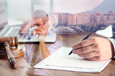 Image of Multiple exposure of man talking on phone, male notary with documents and cityscape