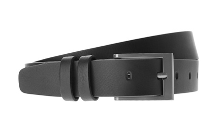 Stylish black leather belt isolated on white