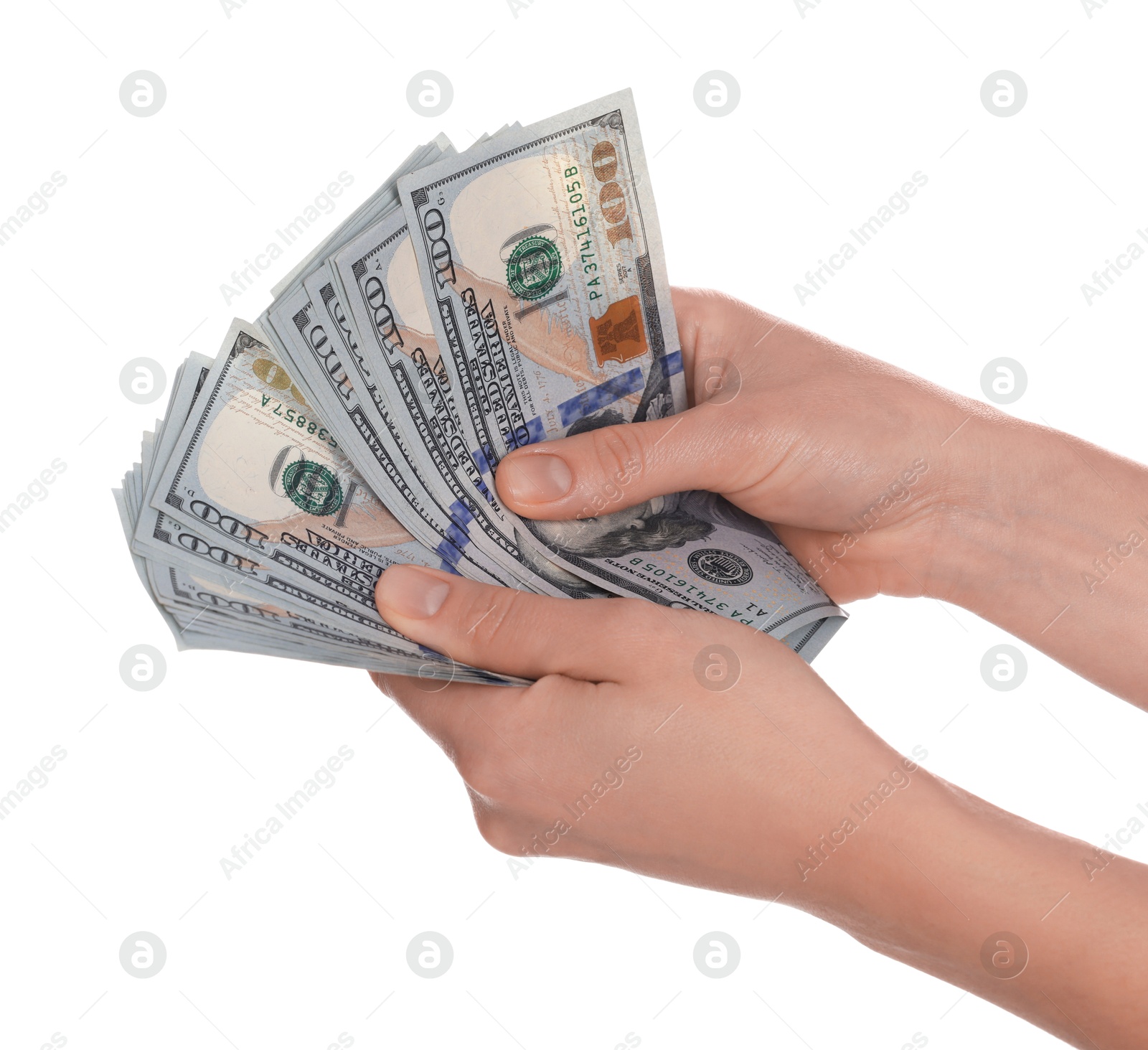 Photo of Money exchange. Woman holding dollar banknotes on white background, closeup