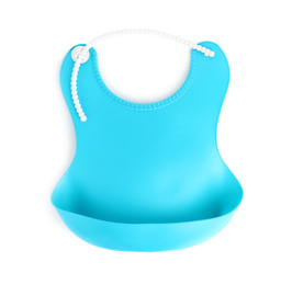 Photo of Blue silicone baby bib isolated on white, top view. First food