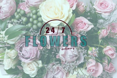 Image of Flowers delivery 24/7 service. Beautiful bouquet and illustration of clock