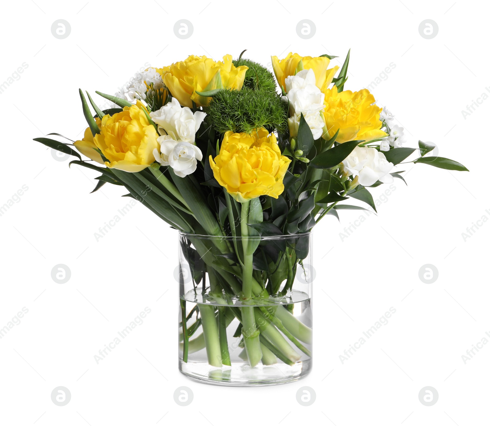 Photo of Beautiful bouquet with peony tulips isolated on white