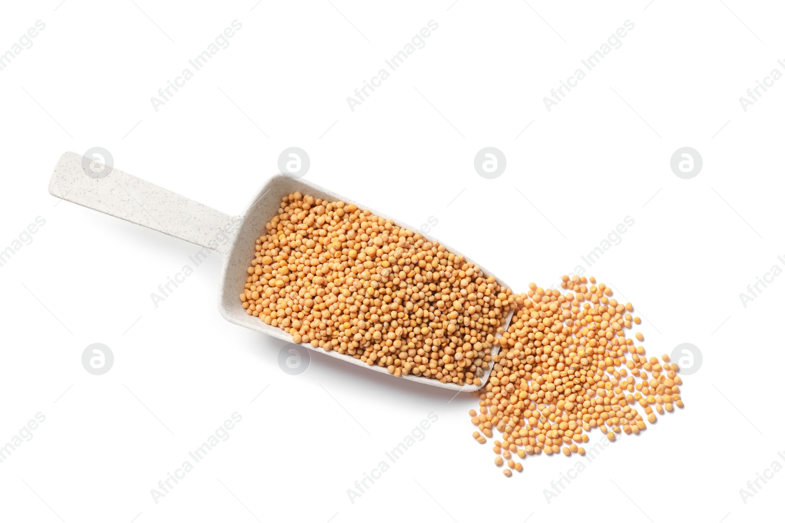 Photo of Scoop with mustard seeds on white background, top view