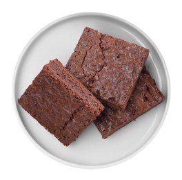 Delicious chocolate brownies on white background, top view