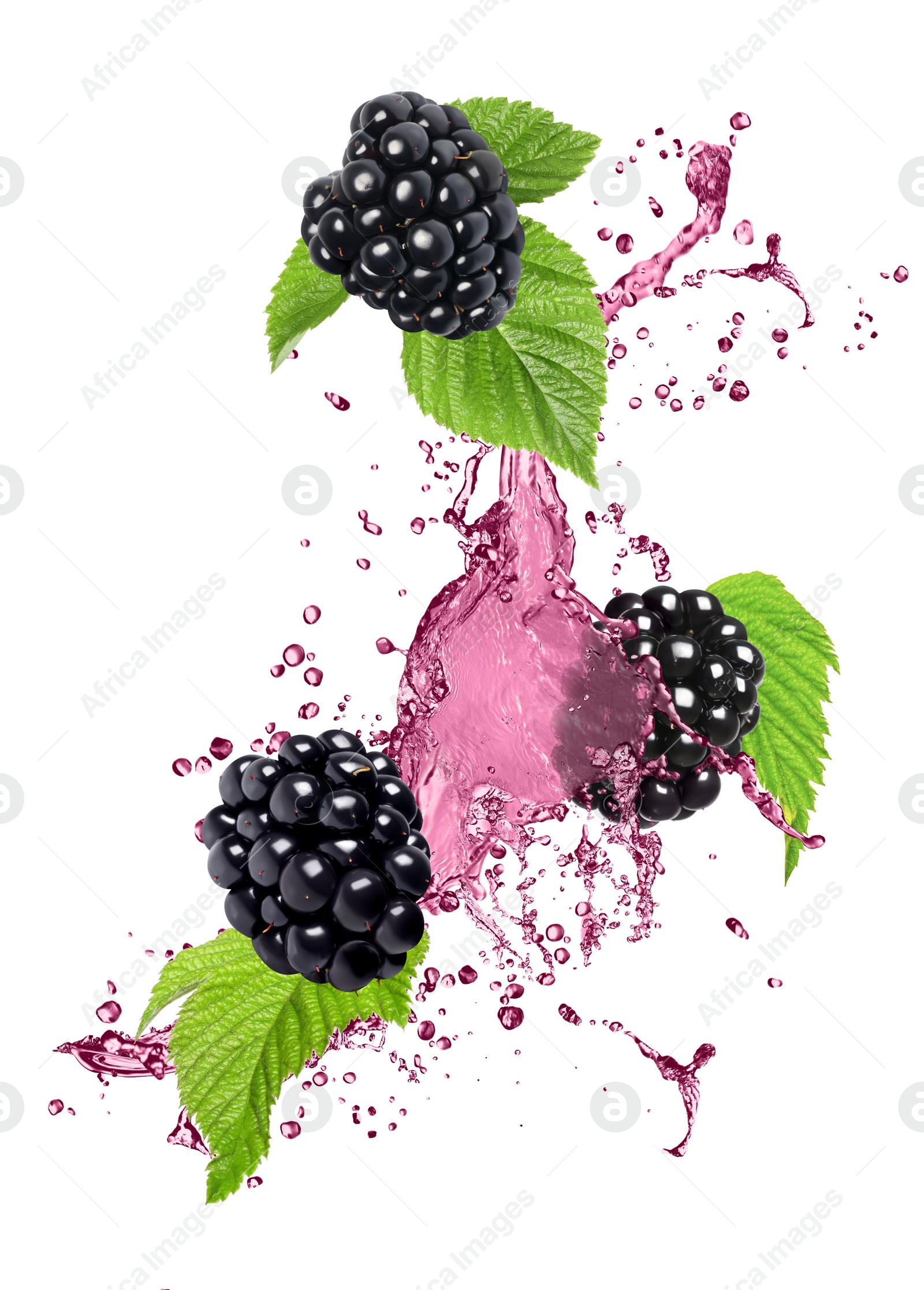 Image of Fresh blackberries and juice in air on white background