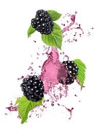 Image of Fresh blackberries and juice in air on white background