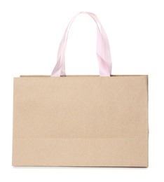 Photo of Paper shopping bag isolated on white. Mock up for design