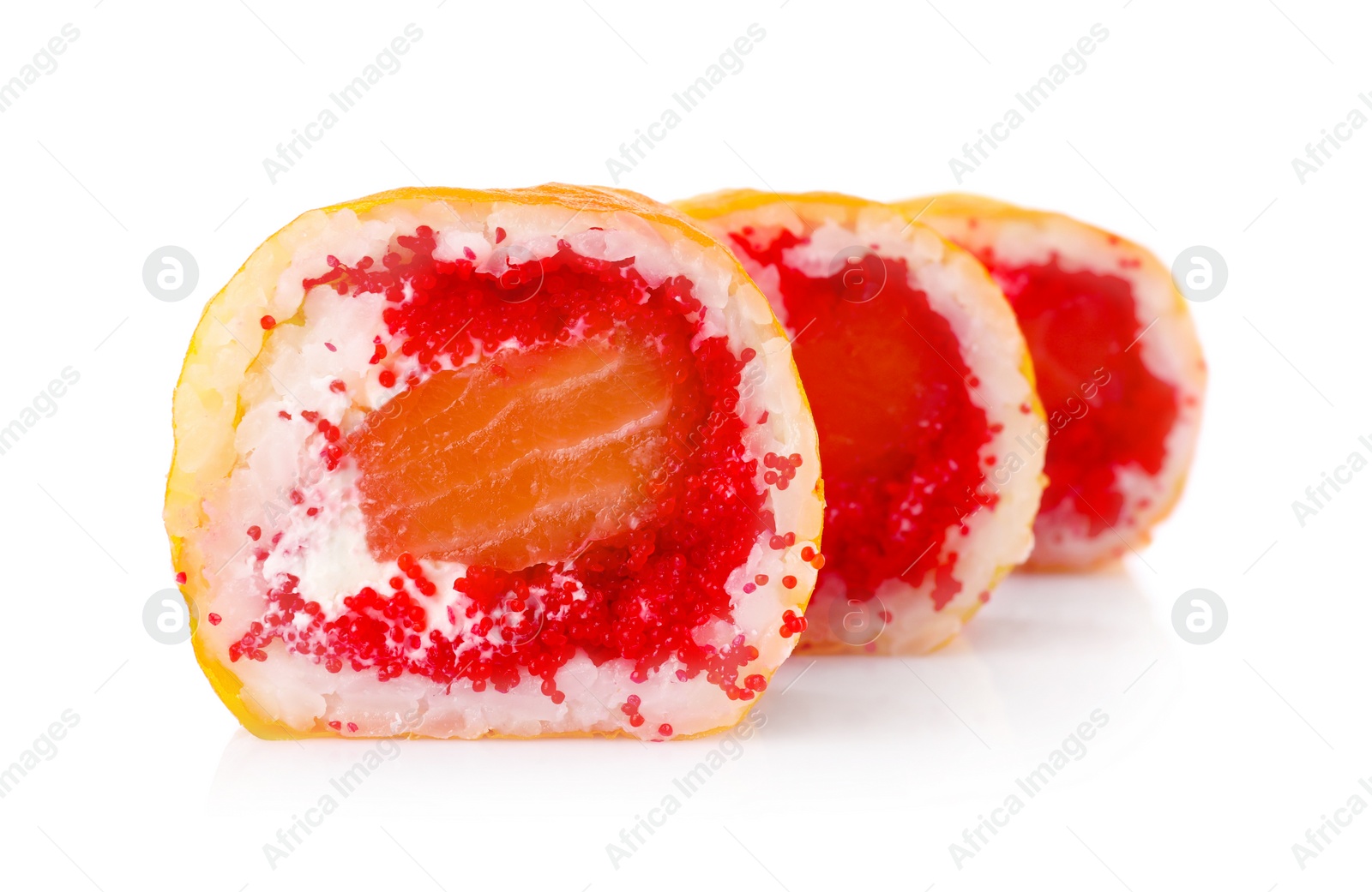 Photo of Delicious fresh sushi rolls on white background