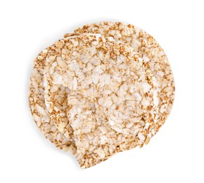 Photo of Tasty crunchy buckwheat cakes on white background, top view