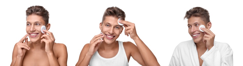 Image of Man cleaning his face with cotton pads on white background, set of photos