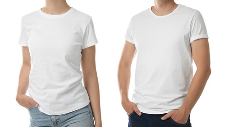 Image of Closeup view of people in t-shirts on white background, collage. Space for design