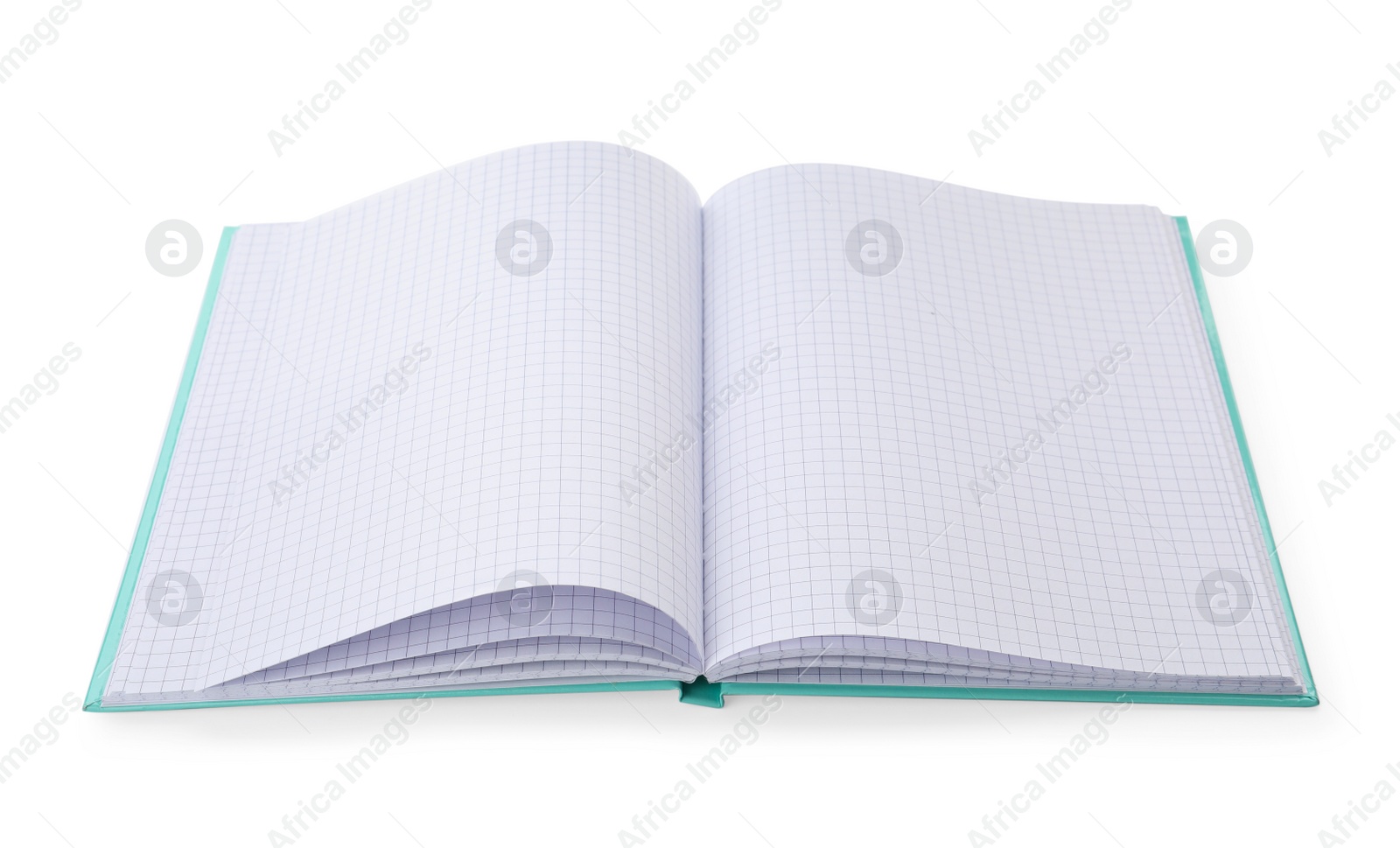 Photo of Open notebook with blank sheets isolated on white