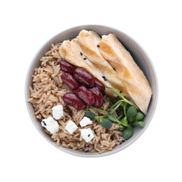 Photo of Tasty brown rice with beans and chicken meat isolated on white, top view