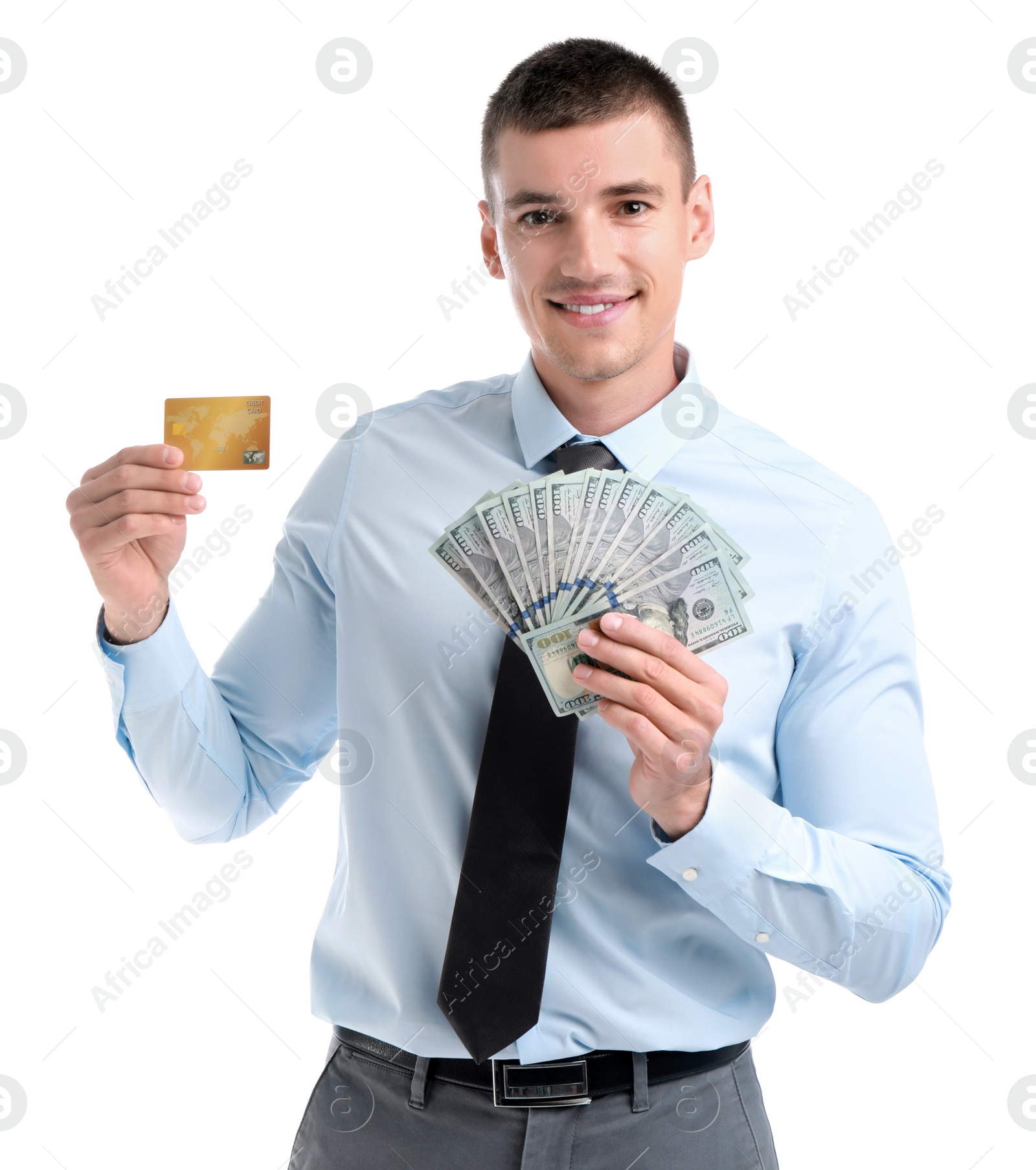 Photo of Handsome businessman with dollars and credit card on white background