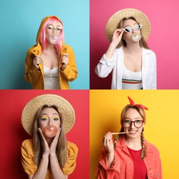 Collage with photos of woman with bubblegum on color backgrounds