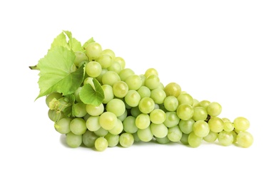 Photo of Bunch of green fresh ripe juicy grapes isolated on white